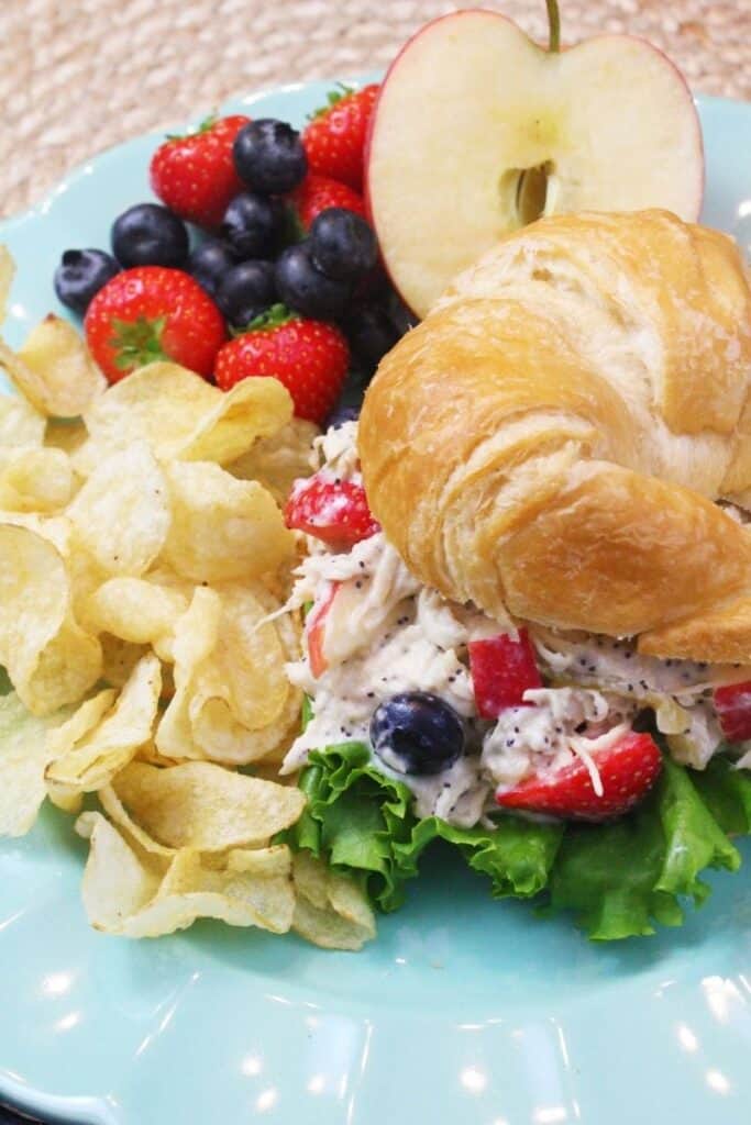 Poppyseed Chicken Salad on a plate with chips and fruit