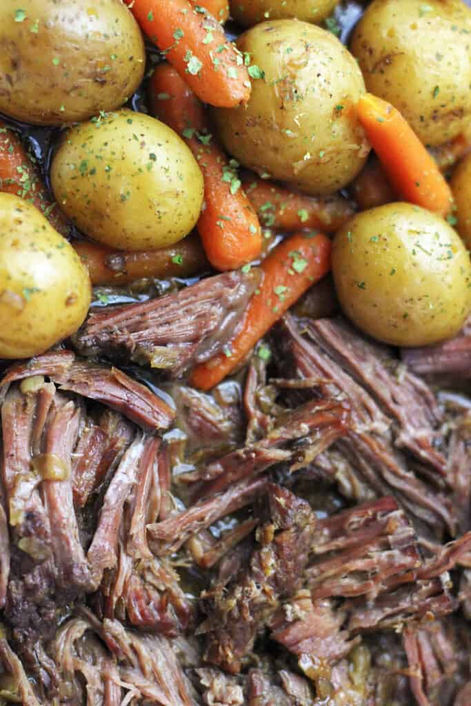close up of beef, carrots, potatoes
