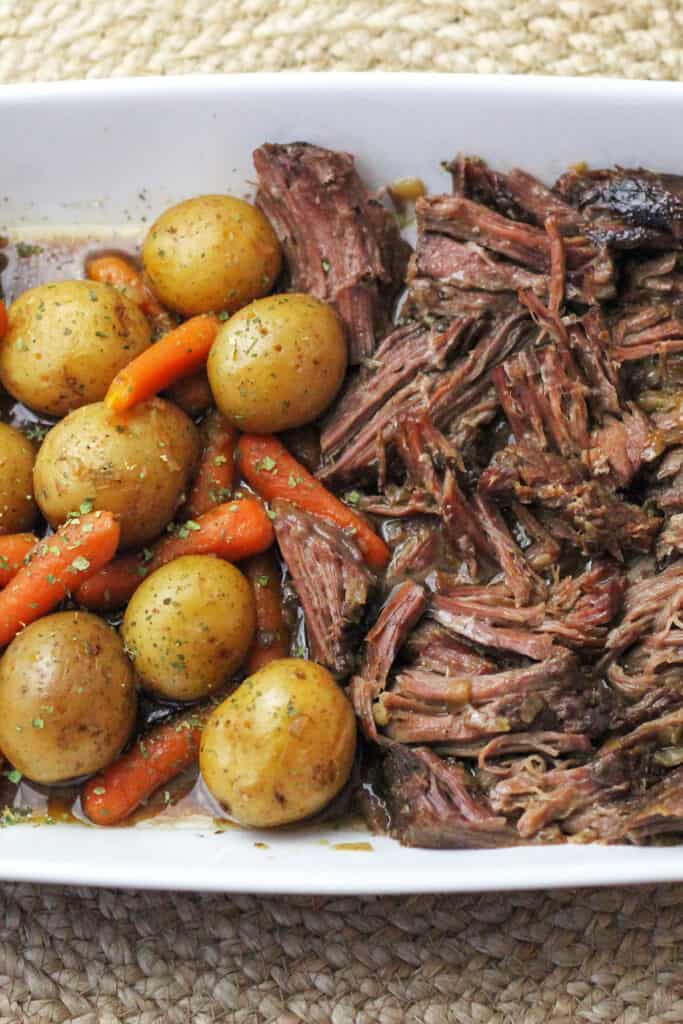 Slow Cooker Pot Roast in large dish