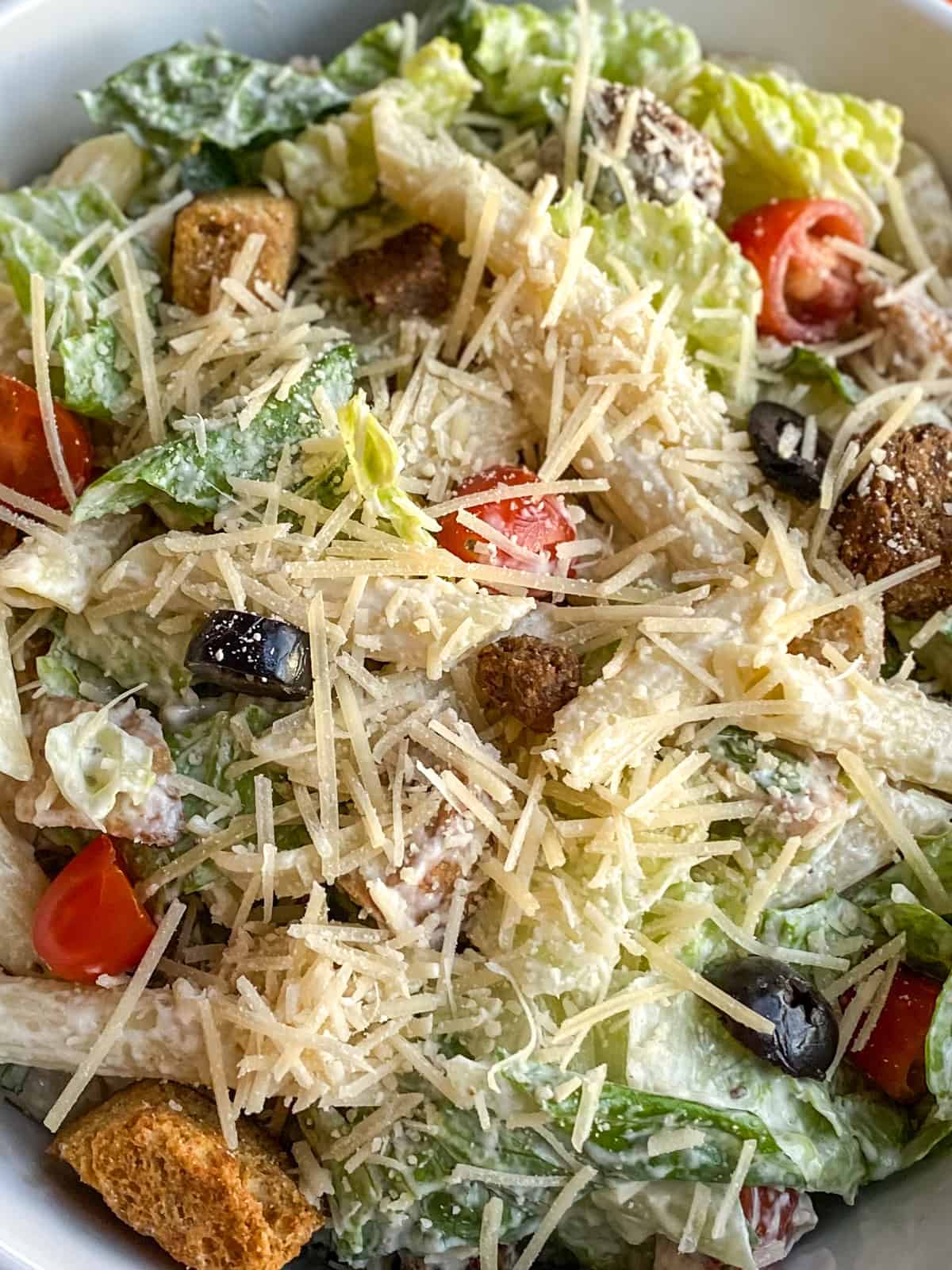 close up of the caesar pasta salad