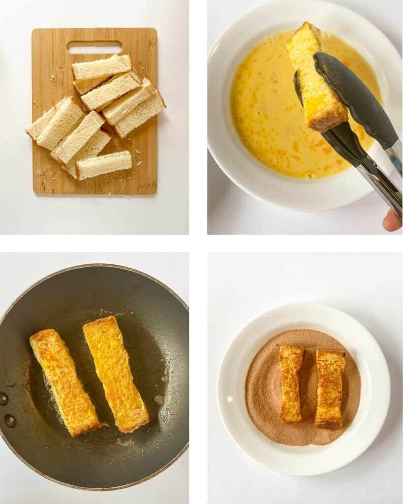 4 images of bread sticks cut in strips, dipped in egg, being pan fried, and dipped in cinnamon sugar
