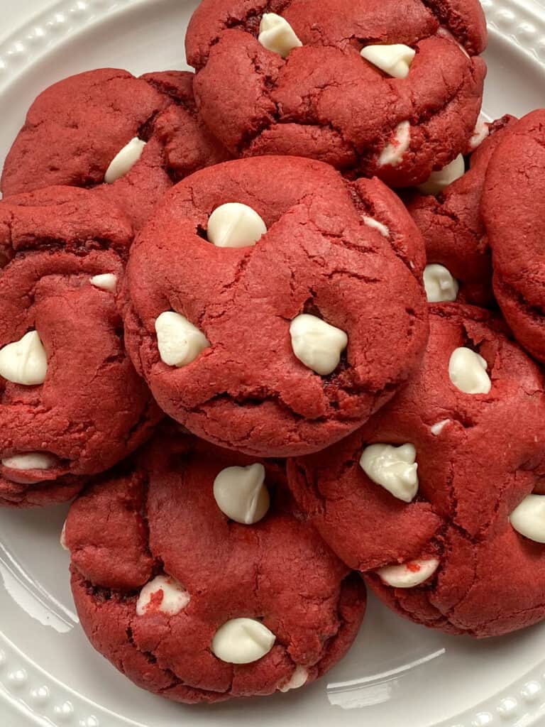 plate of easy red velvet cake mix cookies