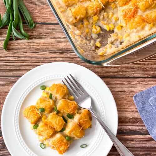 Cheesy Cowboy Tater Tot Casserole on a plate and dish