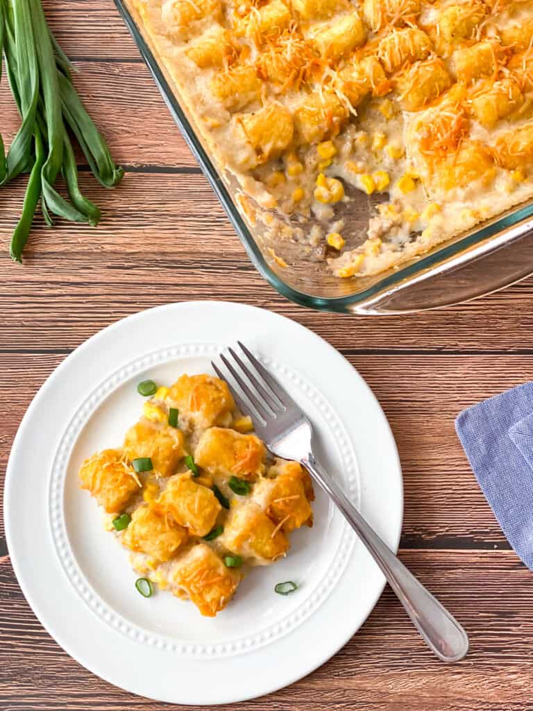 Cheesy Cowboy Tater Tot Casserole on a plate and dish