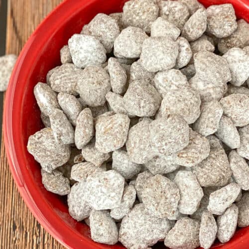 close up of puppy chow cereal mix in a bowl