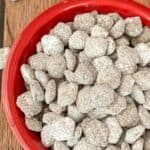 puppy chow cereal snack close up in a red bowl