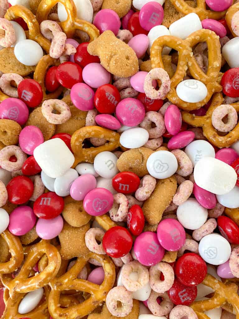 close up of valentine sweet and salty snack mix