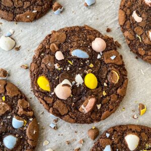 close up of cadbury egg brownie mix cookies on a baking sheet