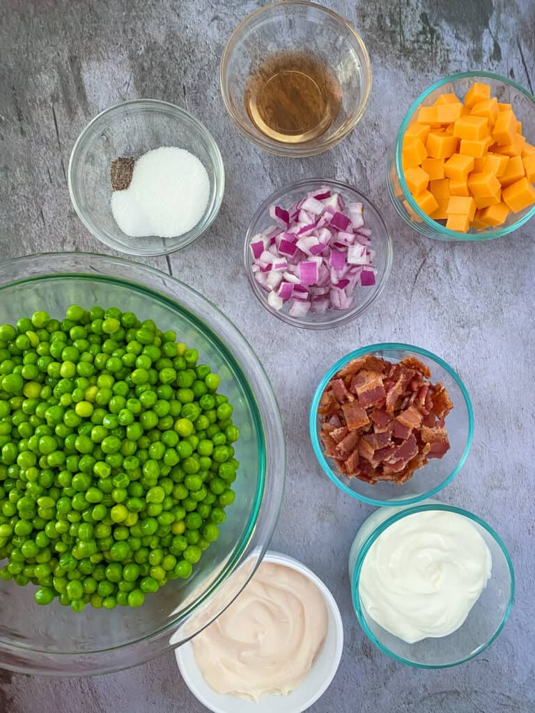 pea salad ingredients on a table