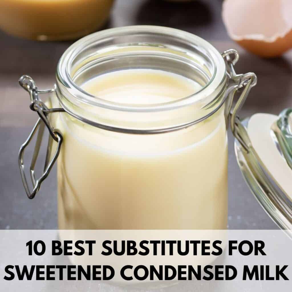 sweetened condensed milk in a jar with caramel and eggs in the background