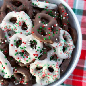 Christmas Chocolate Covered Pretzels Recipe in a bowl.