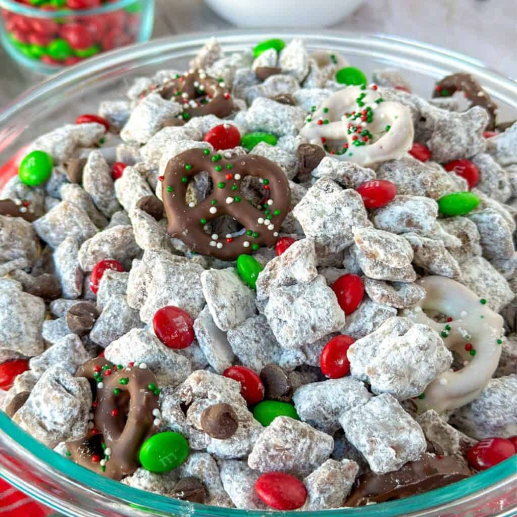 Christmas Reindeer Chow Snack Mix in a bowl.