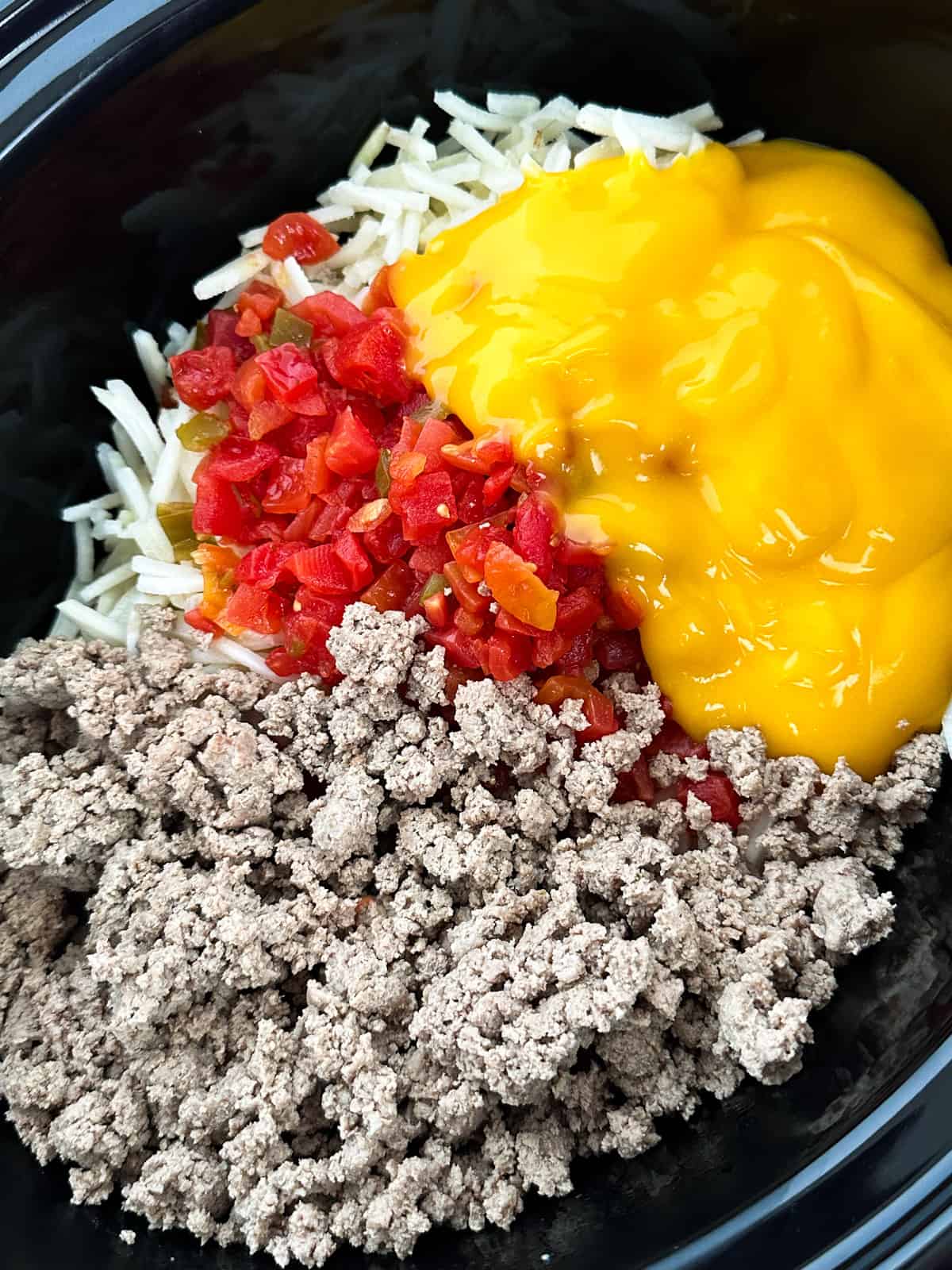 Meat, Rote. and cheese soup in a Crock Pot.